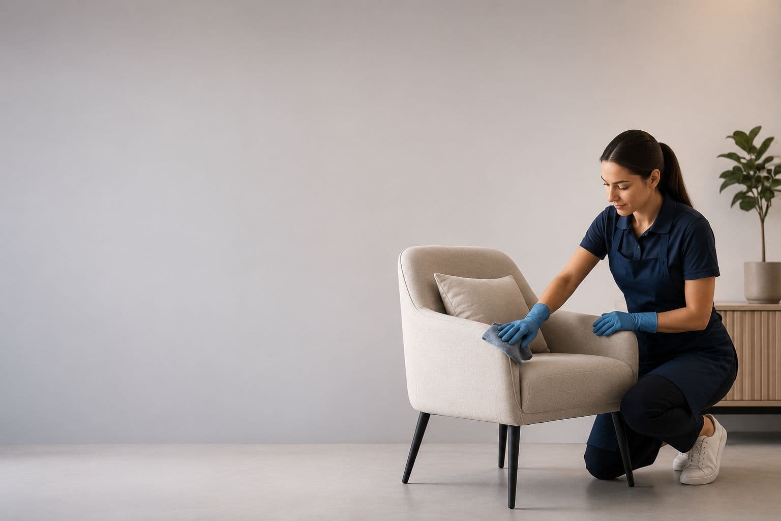 A VIP Royal cleaner detailing an armchair in a bright, modern room